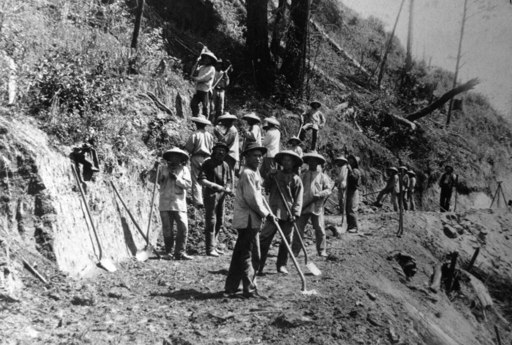 A Chinese railroad crew building the narrow-gauge line at Valencia Creek around 1885