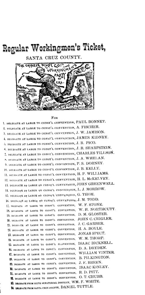 An 1879 Workingmen's Party ballot headed with the motto The Chinese Must Go!