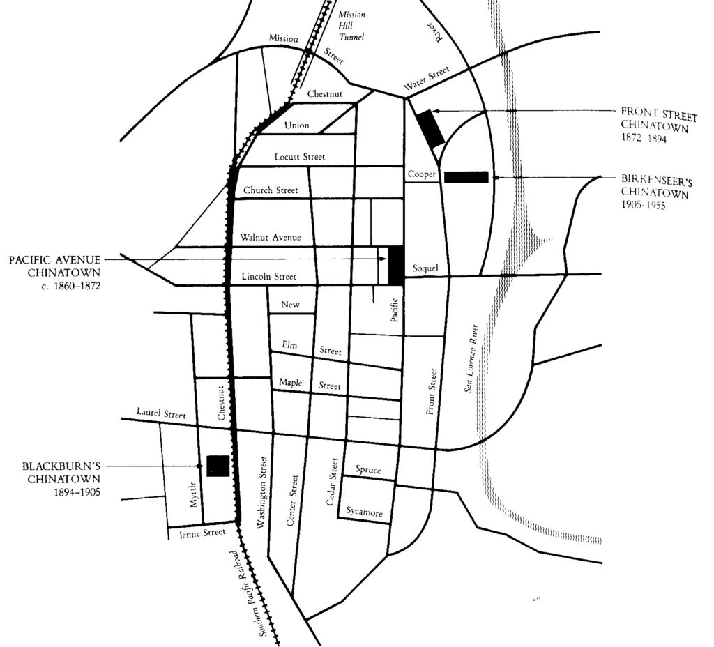 Map showing the locations of Santa Cruz's Chinatowns